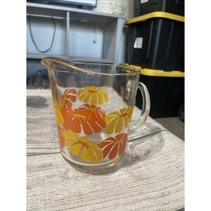 Vintage Retro Glass Pitcher Orange Yellow Floral Daisy Mid Century Modern MCM